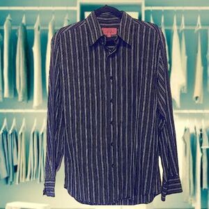 Black Designer Dress Shirt with Multicolored Stripes by Ungaro 